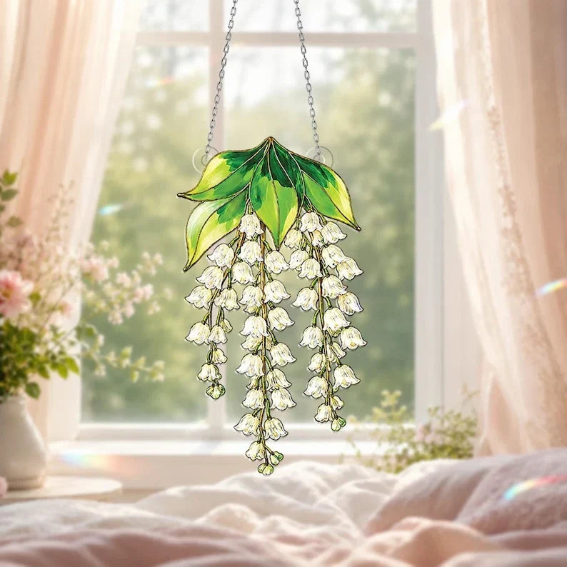 Atrapasueños holográfico de lirios de los valles, colgante de ventana floral con prisma, atrapasueños de cristal, decoración de ventana, acrílico de 3 mm, 7 tamaños