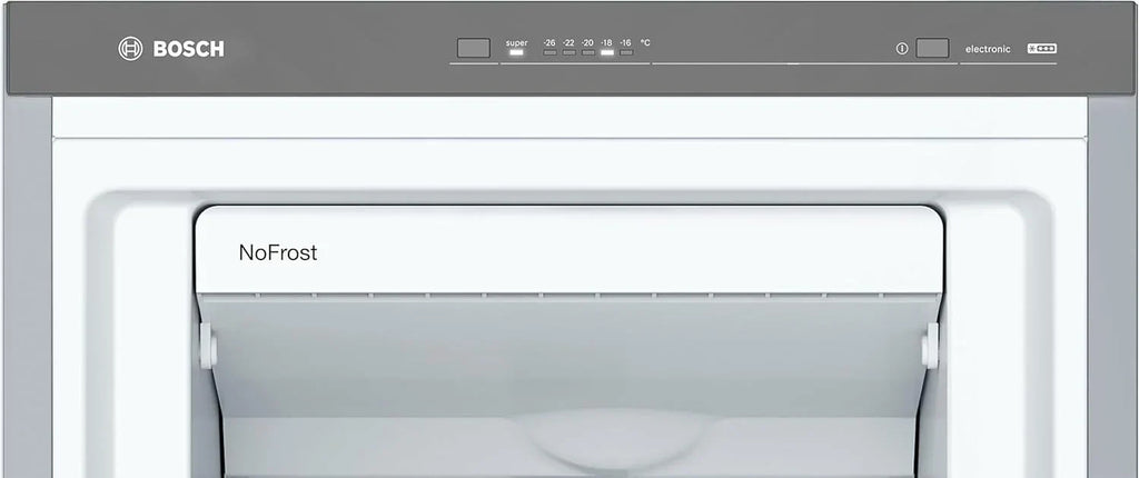 Bosch - Congelador vertical NoFrost, Serie 4, 186 cm de alto x 60 cm de ancho, 242 L, cajones BigBox para alimentos grandes, sistema MultiAirflow, acero, GSN29VIEP