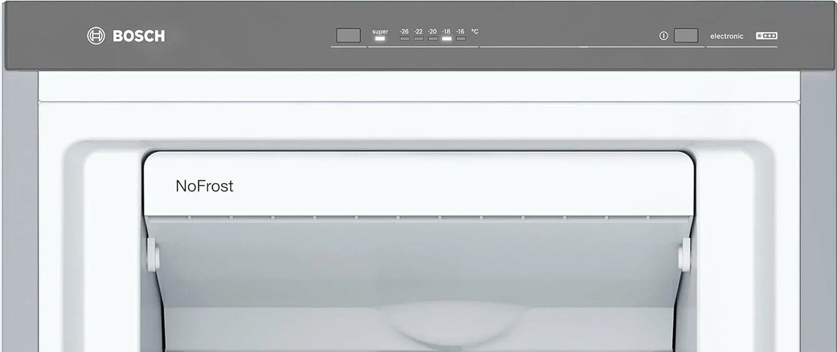 Bosch - Congelador vertical NoFrost, Serie 4, 186 cm de alto x 60 cm de ancho, 242 L, cajones BigBox para alimentos grandes, sistema MultiAirflow, acero, GSN29VIEP