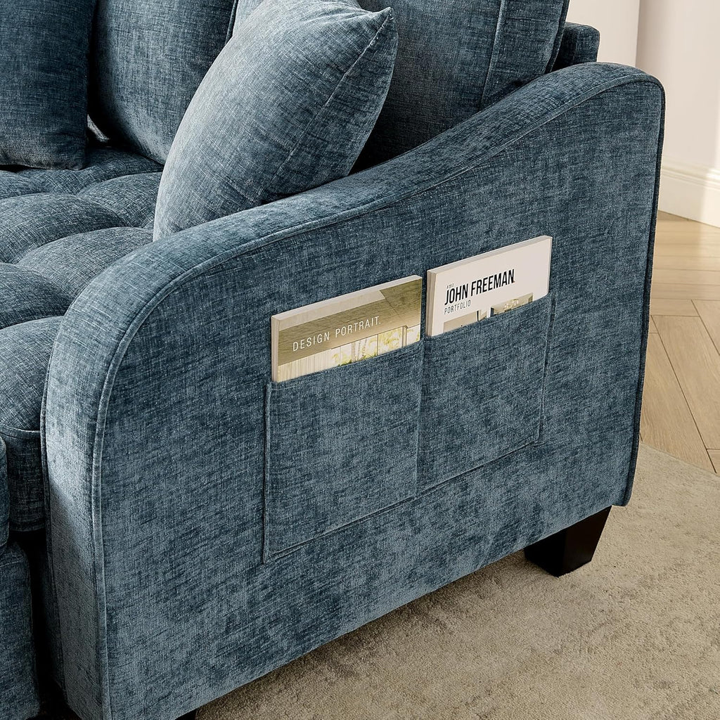 Sofá con reposapiés de almacenamiento, sofá cama con respaldo ajustable y cojines, sofá pequeño, para salas de estar pequeñas, salas de estudio, dormitorios, azul