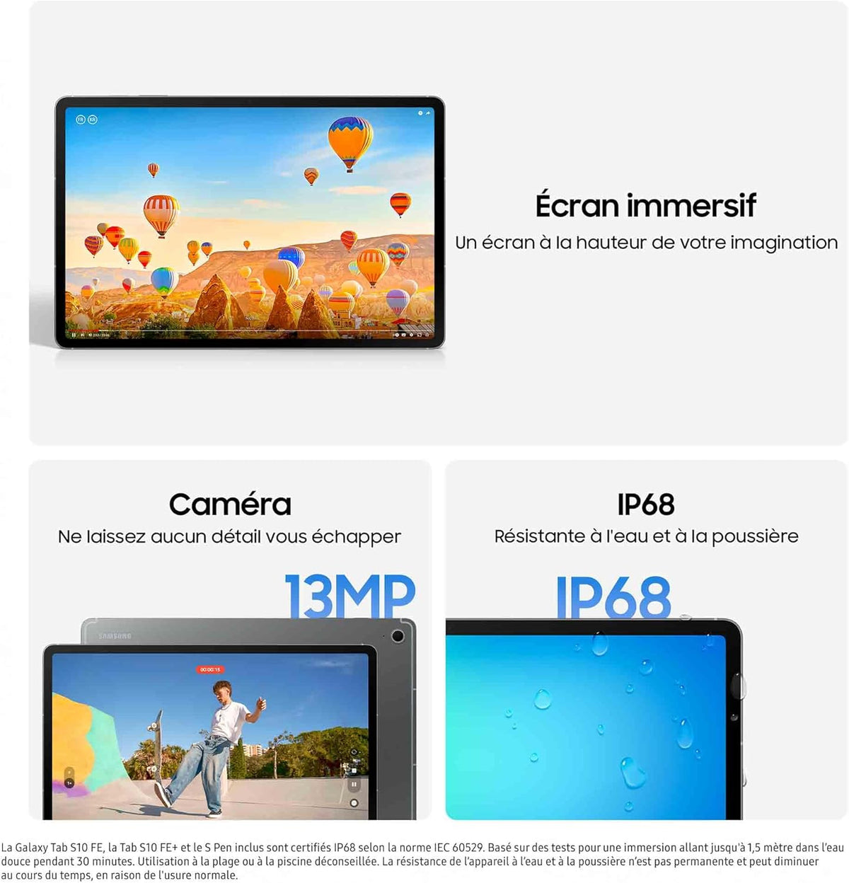 Samsung Galaxy Tab S10 FE+, Tablette Android WIFI 13,1" 128 Go, S Pen inclus, Certification IP68, Gris Anthracite, Chargeur secteur rapide 25 W inclus, Version FR