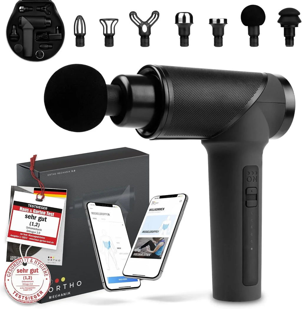 Pistola de masaje OrthoGun 160W con aplicación, 5 intensidades, 7 cabezales de masaje, estuche de transporte, autonomía de batería hasta 360 min