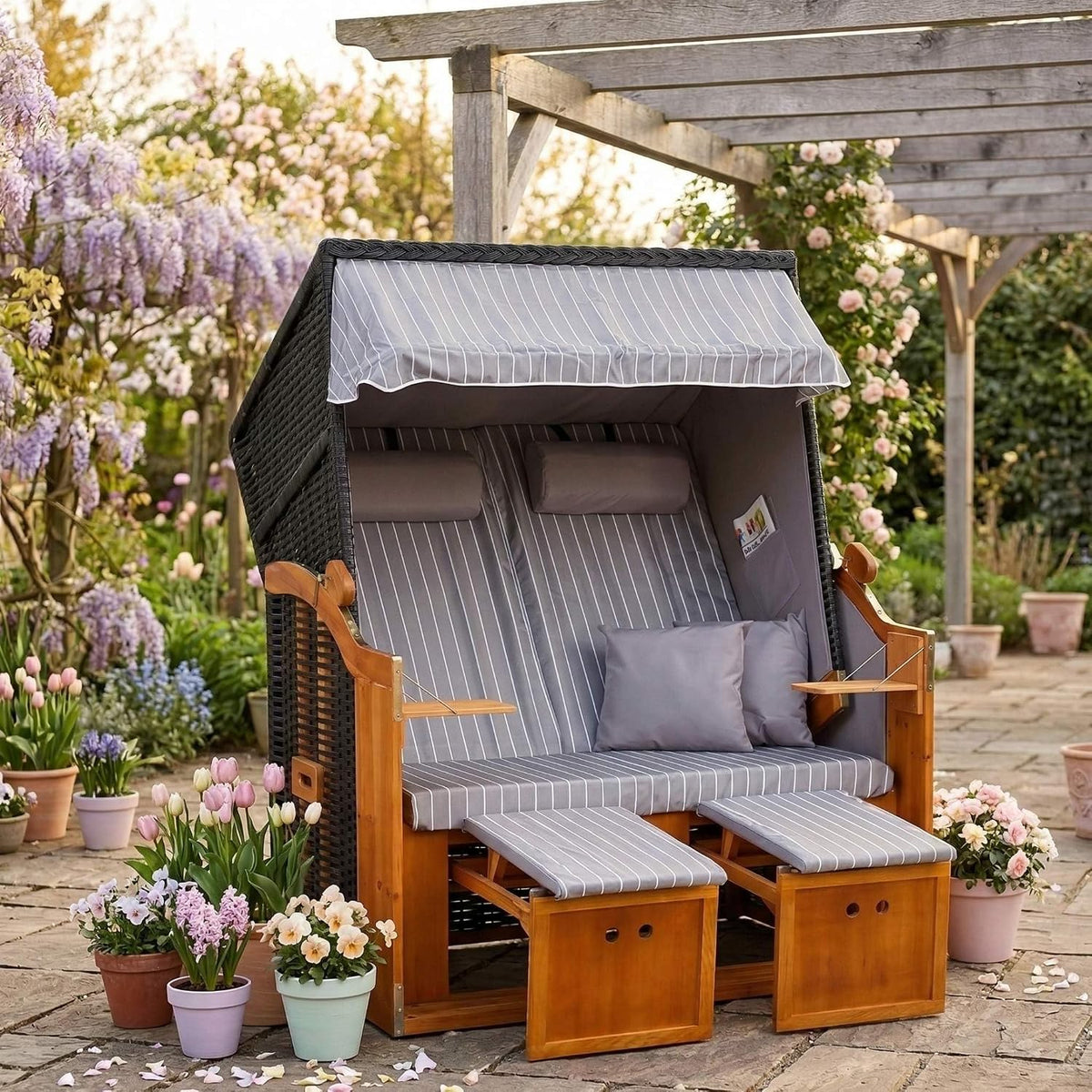 MR. DEKO Strandkorb Ostsee Wacholder PE Negro (Diseño Royal Gris) | Strandkorb de 2 plazas resistente a la intemperie | Tumbona completa de madera dura para dos personas | Strandkörbs para balcón | Silla de playa para jardín