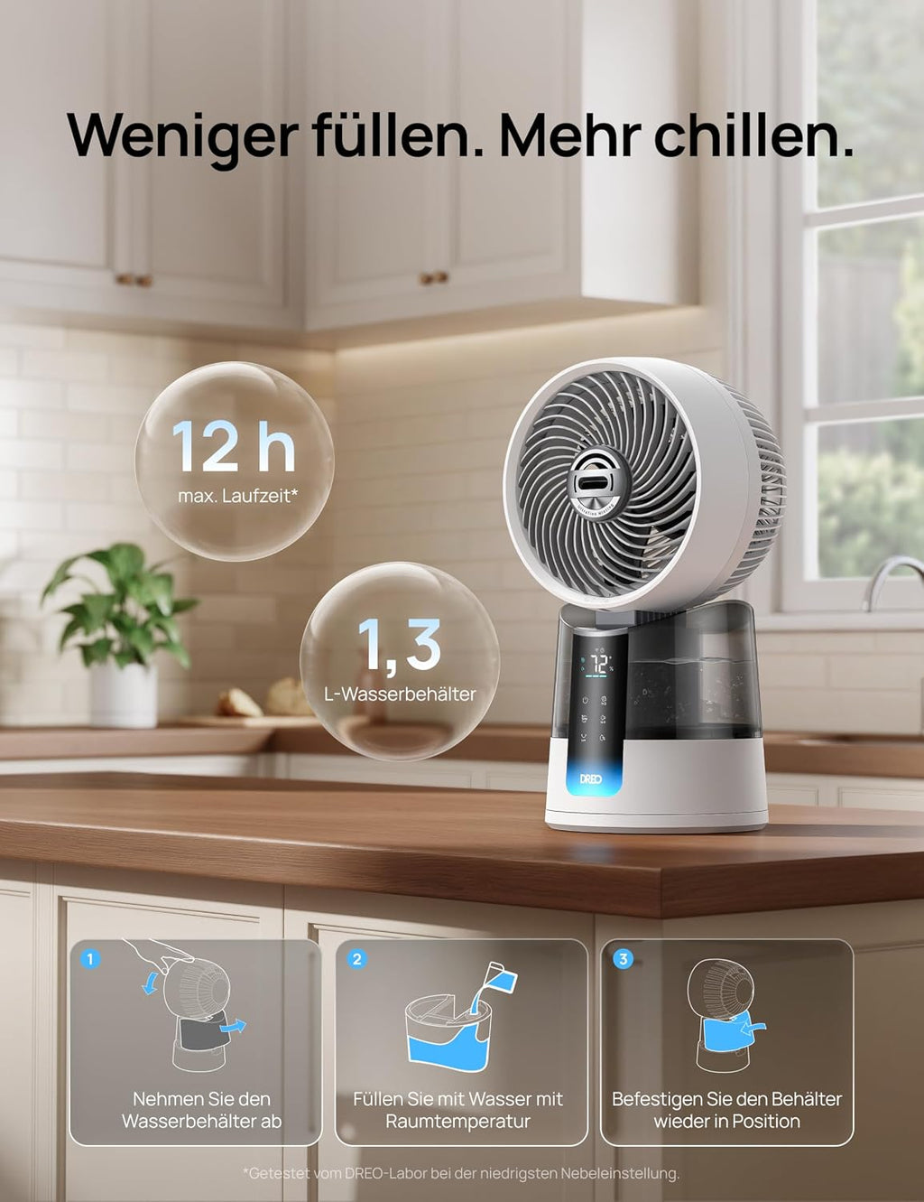 Ventilador nebulizador DREO TurboCool 516S, ventilador de mesa con oscilación de 150°+30°, enfriador evaporativo, 7.9 m/s, niebla ultrafina, 20 dB silencioso, 6 velocidades, 2 modos, control por app y mando a distancia, RGB, blanco