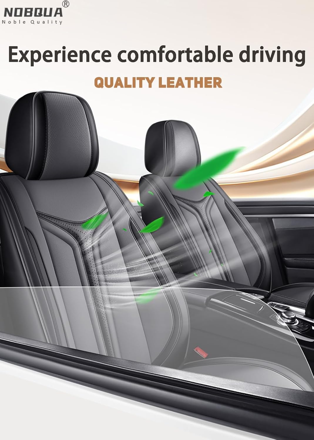 NOBQUA Fundas de Asiento de Coche Premium Universales de Piel sintética para 5 plazas – Impermeables, Antideslizantes, Transpirables, Antiarañazos – Apto para SUV, Sedán, Monovolumen – Juego de Protección Interior para Coche