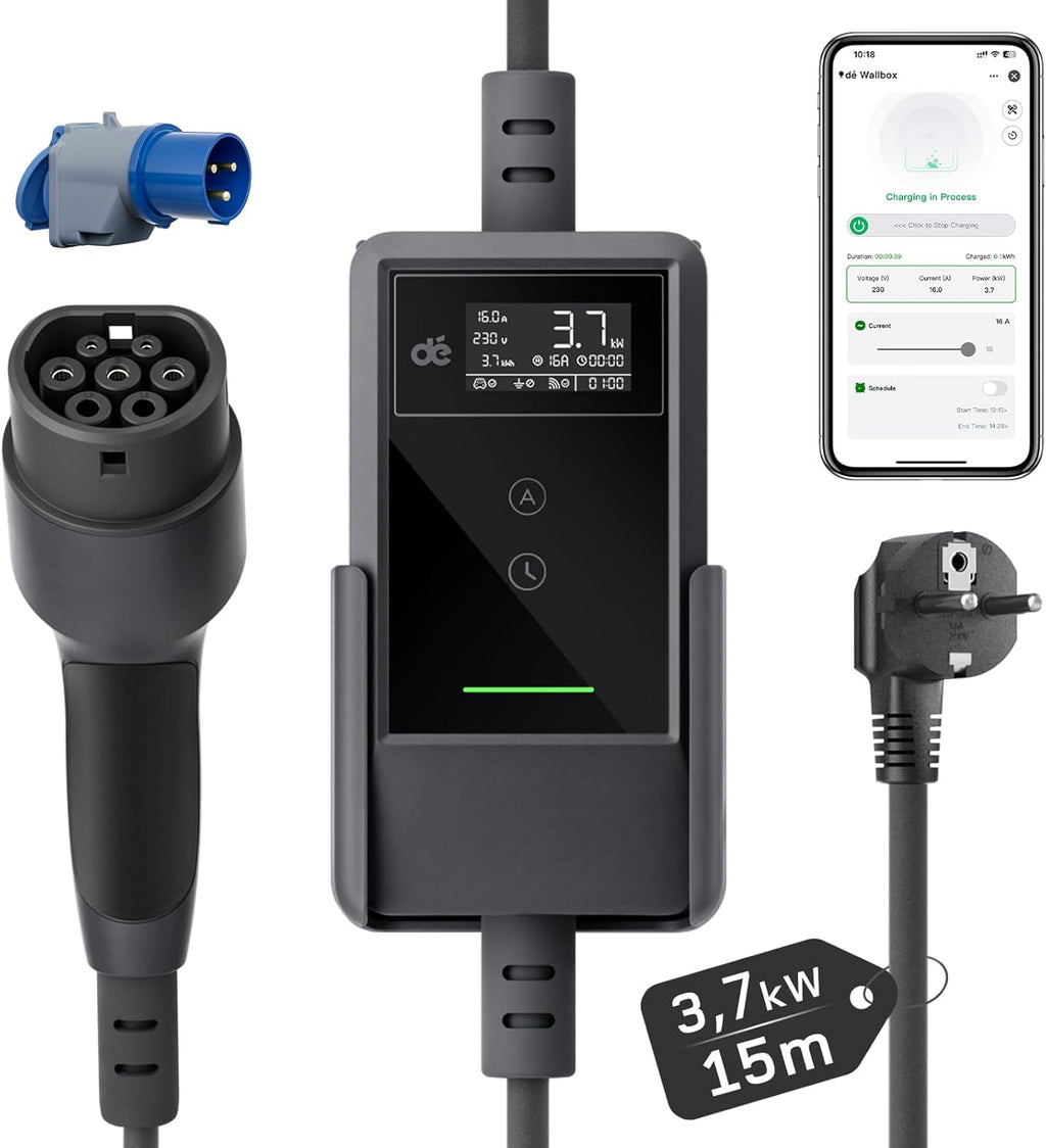 Cargador de coche eléctrico con APP 3,7kW [15m, 6-16A], cable de carga para coche eléctrico con soporte de pared, cargador Tipo 2 con pantalla LCD digital, compatible con E-208, Model Y, E-Tech y otros vehículos eléctricos/híbridos enchufables (EV/PHEV)