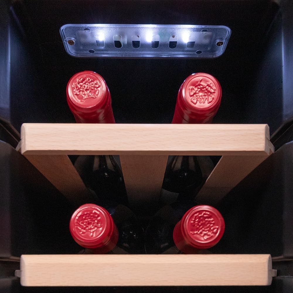 Cecotec Vinoteca de libre instalación Bolero GrandSommelier 1250 CoolWood. Nevera para vinos con capacidad para 12 botellas, temperatura ajustable de 8-18 ºC, luz LED y estantes de madera.