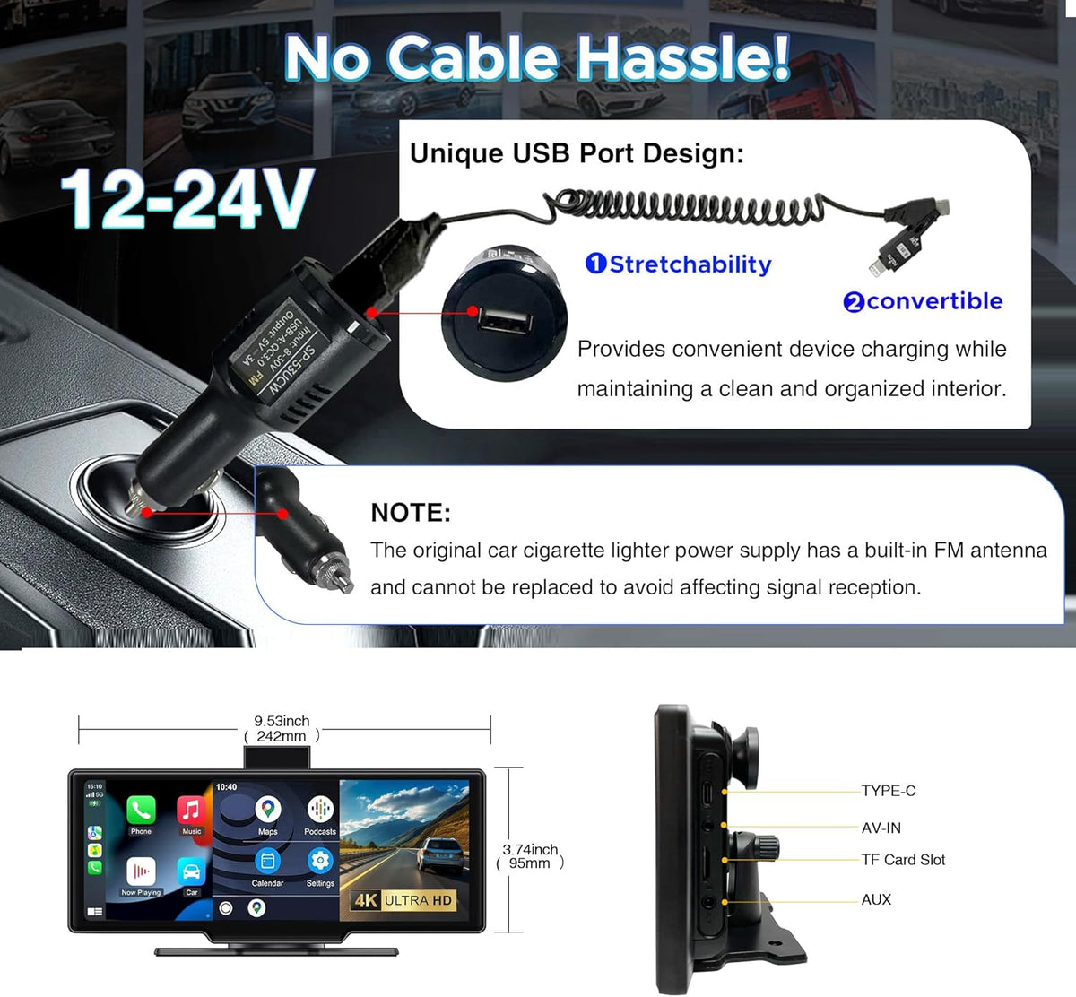 SCUMAXCON 10,26 Pulgadas CarPlay Inalámbrico Android Auto Pantalla Táctil IPS Airplay Cámara de Reversa 4K 1080P Navegación GPS Bluetooth FM Consola Central Reproductor Multimedia Altavoz Integrado