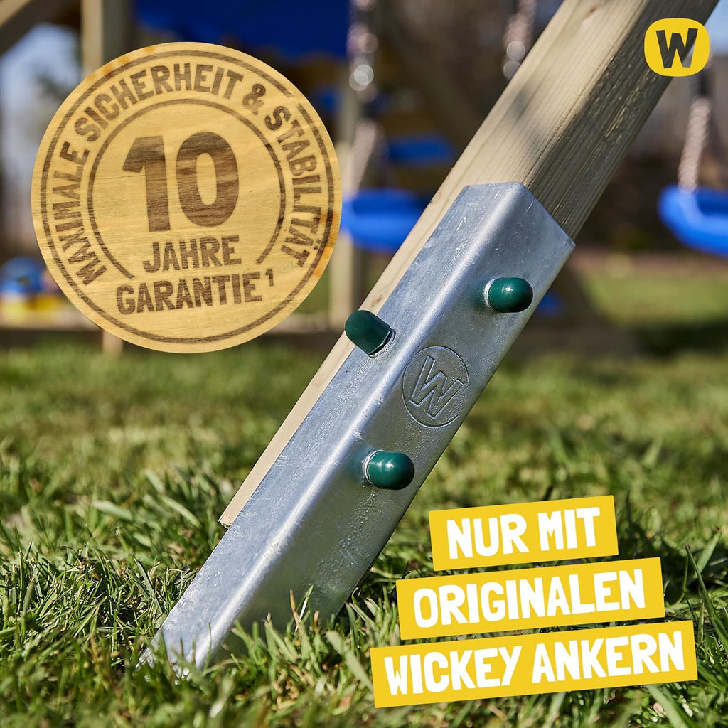 Torre de juegos con columpio y tobogán azul SeaFlyer de WICKEY, torre de escalada para niños al aire libre con arenero, escalera y accesorios de juego para el jardín