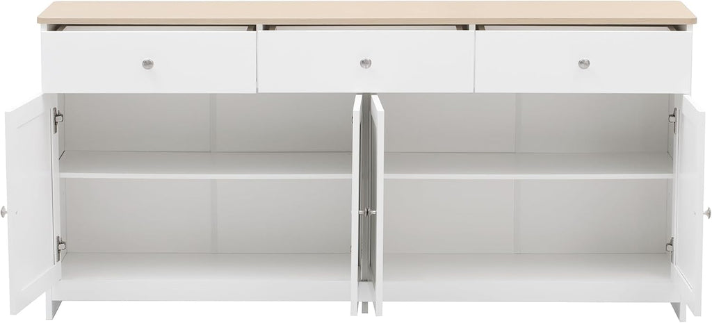 Aparador Ymkua, buffet, cómoda para salón y comedor, armario de almacenamiento con 4 puertas y 3 cajones, mueble de salón moderno, 160x37x75 cm, madera y blanco