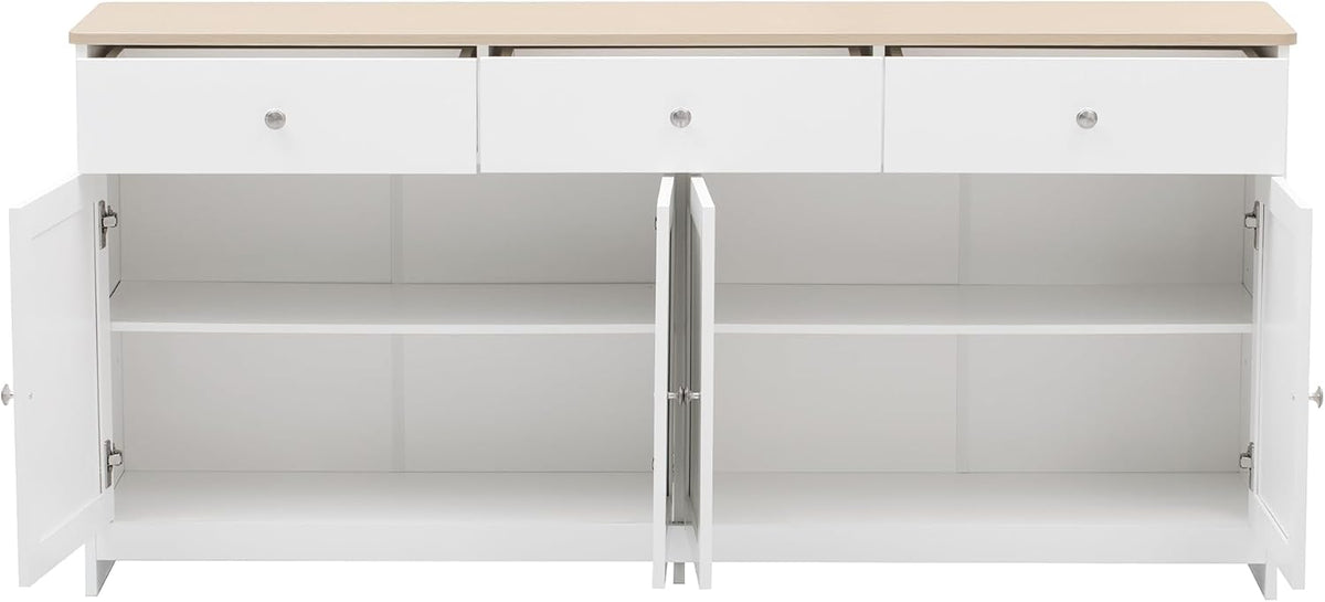 Aparador Ymkua, buffet, cómoda para salón y comedor, armario de almacenamiento con 4 puertas y 3 cajones, mueble de salón moderno, 160x37x75 cm, madera y blanco
