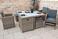 Ragnarök PolyRattan - Marca ALEMANA - Producción PROPIA - 8 años de garantía - Muebles de jardín, conjunto de comedor, mesa, 4 sillas, taburetes, 12 cojines, gris, aluminio inoxidable, natural, comedor, cubo, cristal