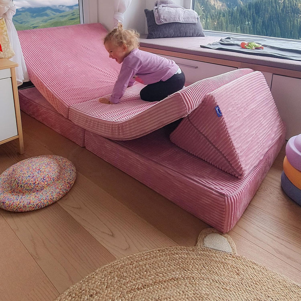 Sofá de juegos Bruni de pana para niños en color rosa: sofá XXL grande para la habitación infantil, sofá cama con funda de pana suave extraíble, diseñado en Austria