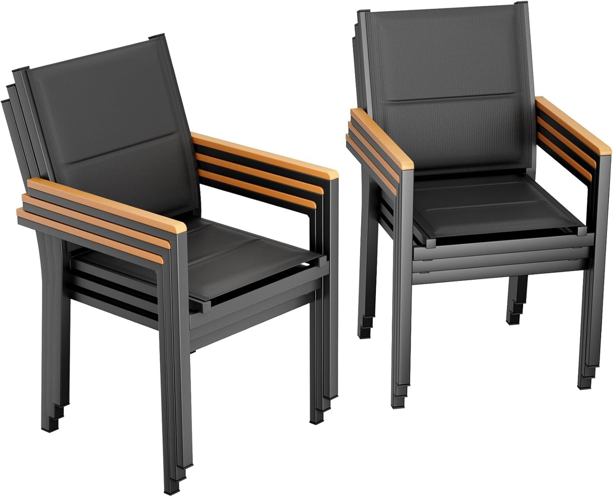 LIFERUN Set de 6 sillas de jardín, aluminio, con respaldo y asiento acolchados, silla de comedor apilable, reposabrazos de WPC, sillas de balcón, para terraza, balcón, patio, piscina, restaurantes, negro, 6 piezas