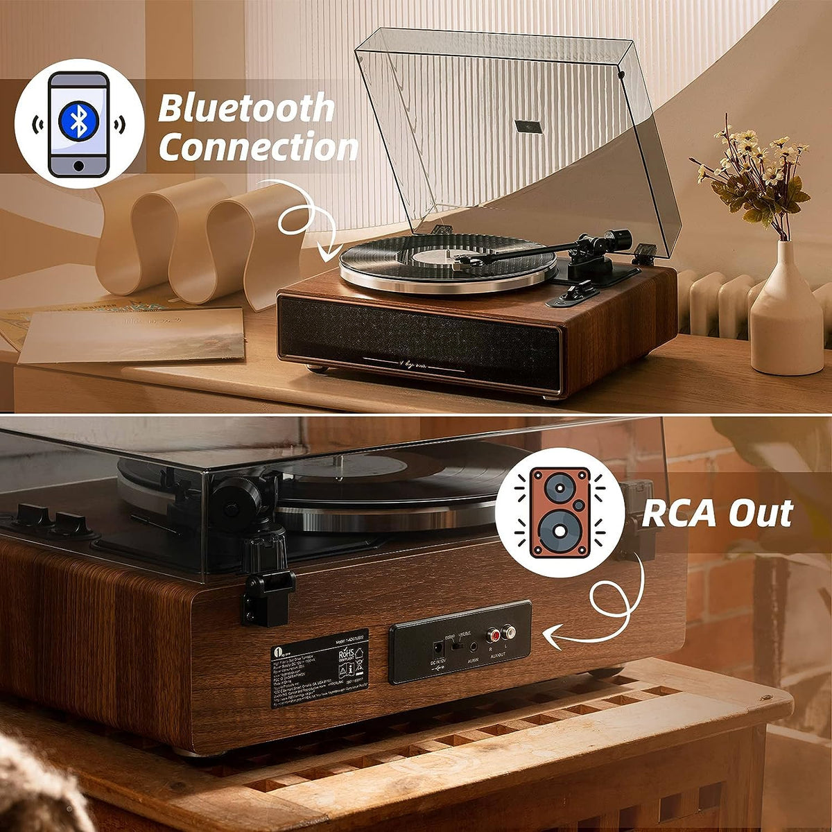 1byone MM Tocadiscos con altavoces, 33/45 RPM, Bluetooth, transmisión por correa, parada automática, preamplificador phono