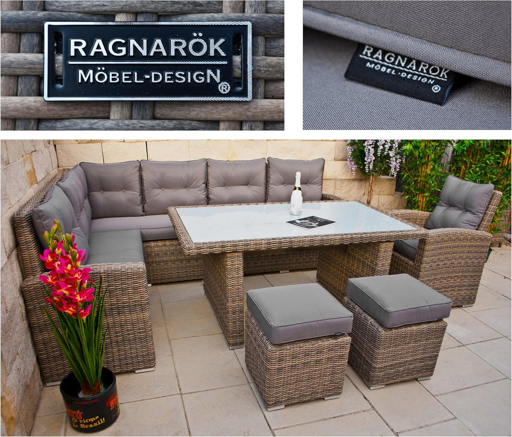 Ragnarök-Möbeldesign - Muebles de comedor altos - Fabricantes ALEMANES - 8 años de GARANTÍA - Producción PROPIA - Conjunto de comedor de jardín de ratán sintético, sillones, ratán redondo color natural, gris