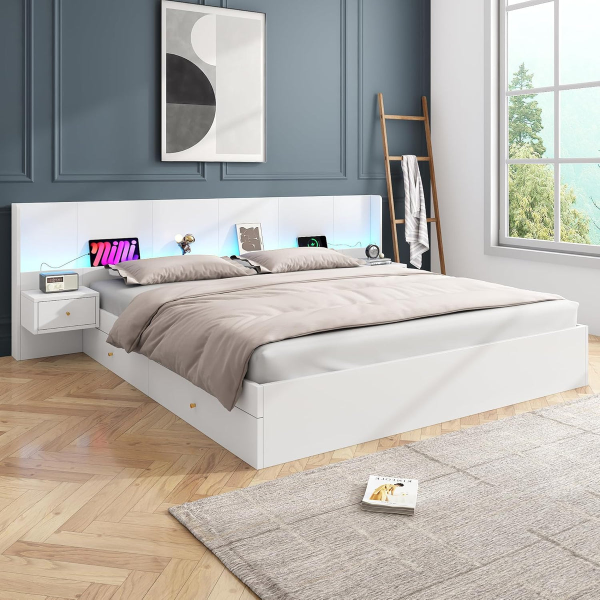 Cama de matrimonio 180x200 con espacio de almacenamiento, 2 cajones, cabecero LED extra ancho con 2 mesitas de noche y puerto USB, cama de madera con almacenaje, estructura de cama con somier, cama juvenil, sin colchón, blanco