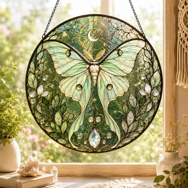 Atrapasueños de cristal para ventana, atrapasueños de mariposa de vidrieras, decoración de pared de flores de cristal verde, 6-11,8 pulgadas
