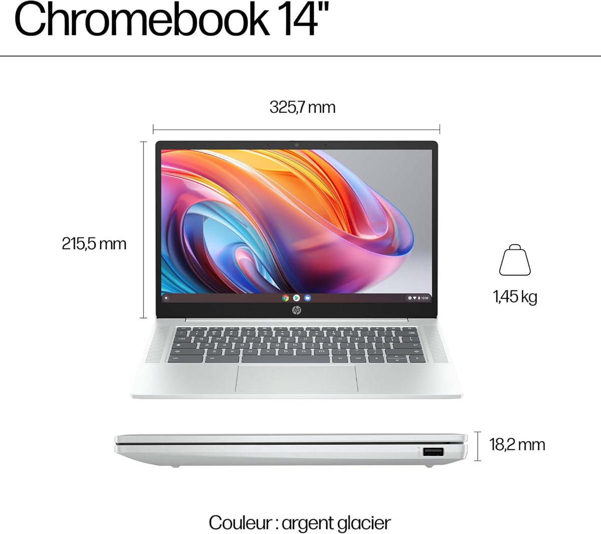 HP Chromebook 14a-nf0001sf Portátil 14" HD, PC Portátil (Intel Celeron N100, RAM 4 GB, Flash 128 GB, Intel Iris XE, Chrome OS), Ordenador Portátil Plata, Teclado AZERTY