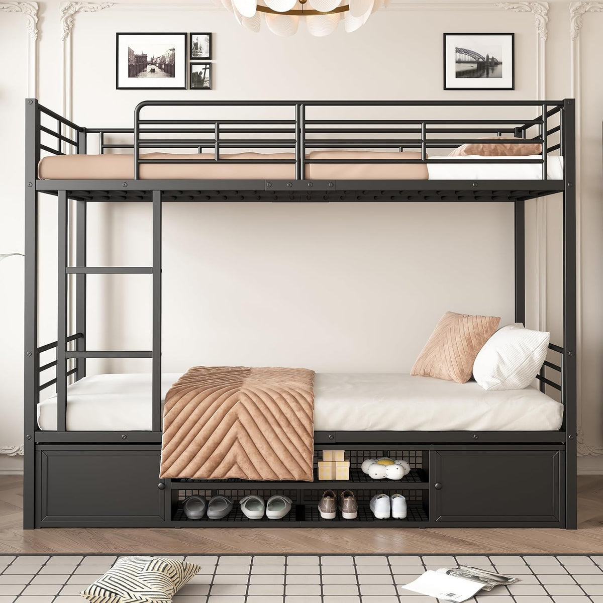 Litera cama infantil 90x200 cm, estructura de cama de metal con zapatero abierto y 2 armarios de almacenamiento con puertas, litera cama alta cama de hierro para niños, adolescentes y adultos, negro
