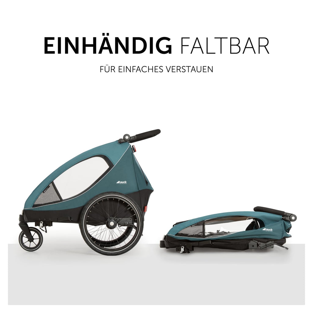hauck Remolque de bicicleta y cochecito Dryk Duo Plus con suspensión, para 2 niños (6-48 meses), incluye barra de tiro, rueda de cochecito, bandera y luz LED, plegable, altura ajustable, maletero XL (verde oscuro)