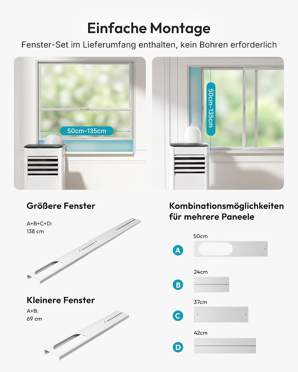 Aire acondicionado portátil 9000 BTU con tubo de escape | Aire acondicionado móvil 4 en 1 | Funcionamiento silencioso | Pantalla digital + mando a distancia | Kit de instalación para ventana | Temporizador de 24h | Para habitaciones de hasta 25 m²
