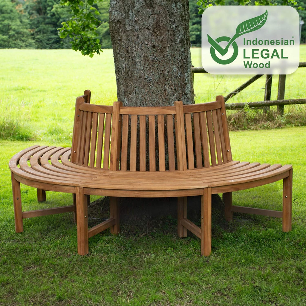Banco de árbol semicircular Male de CLP de madera de teca maciza I Banco de jardín con capacidad para hasta cuatro personas I Banco de madera natural con respaldo, color: marrón