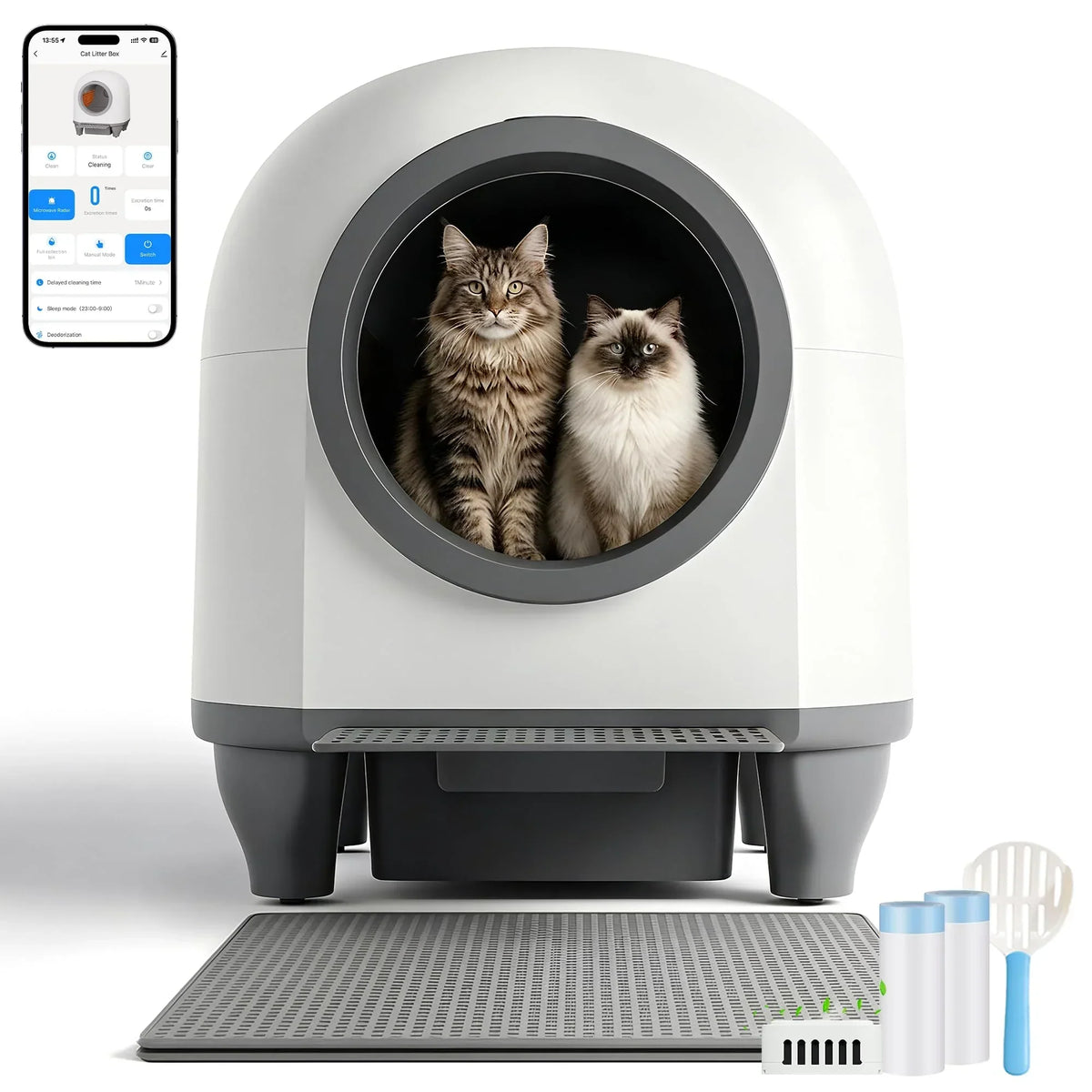 Arenero automático para gatos Devoko de 90L, autolimpiable, para familias con varios gatos, control por aplicación, seguridad múltiple, sistema desodorante