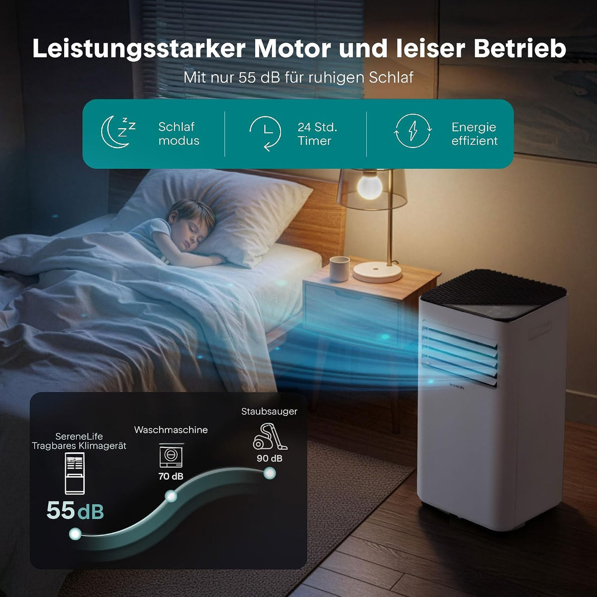 Aire acondicionado portátil SereneLife blanco 9000 BTU 2,64 kW para 28 m² – Aire acondicionado con tubo de escape, 3 en 1 con deshumidificador y ventilador, silencioso 54 dB, incluye kit de ventana y control remoto