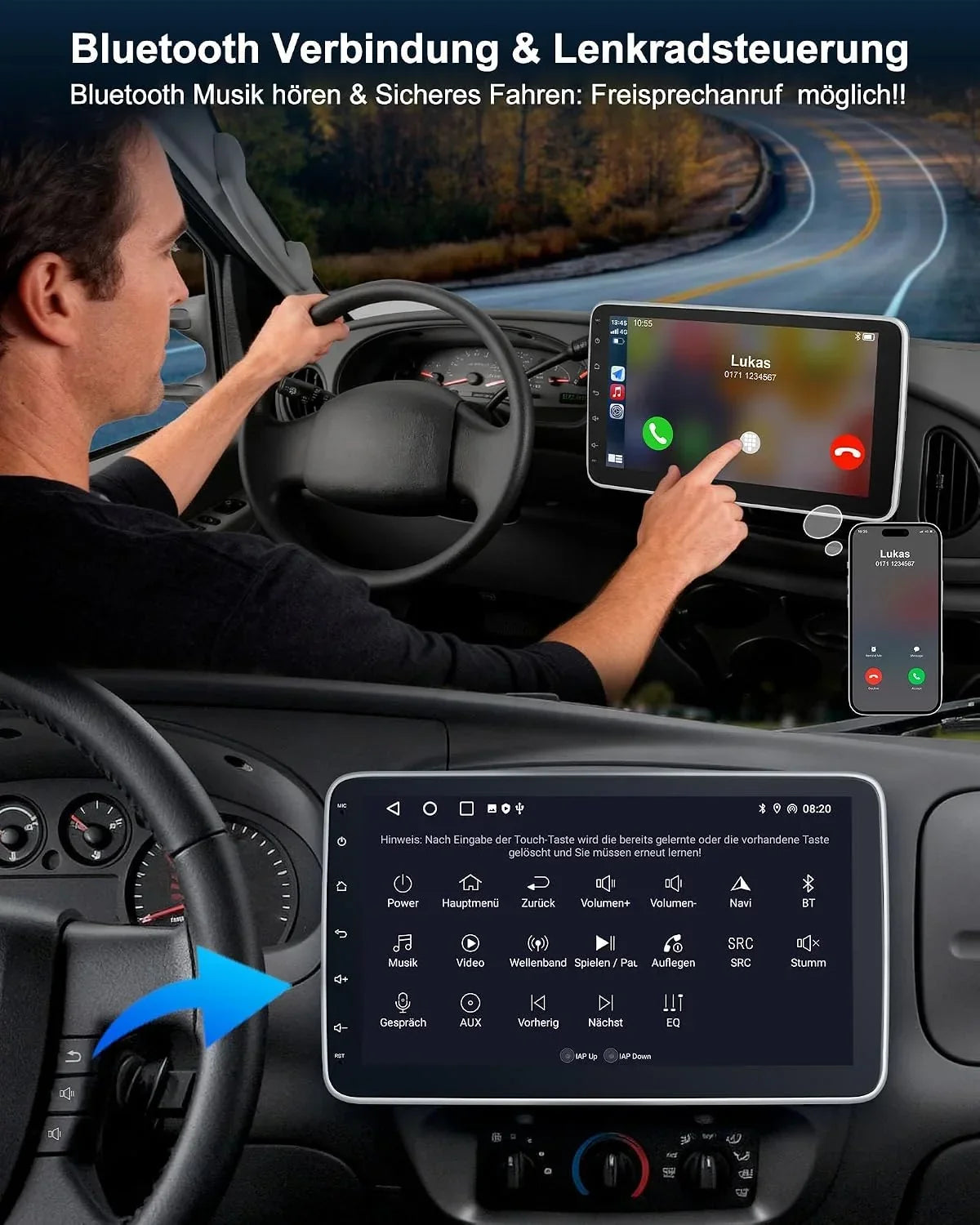 Autorradio 1 DIN con pantalla táctil de 10,1 pulgadas Android 14 2GB 64GB Bluetooth CarPlay Android Auto Navegación Cámara de visión trasera