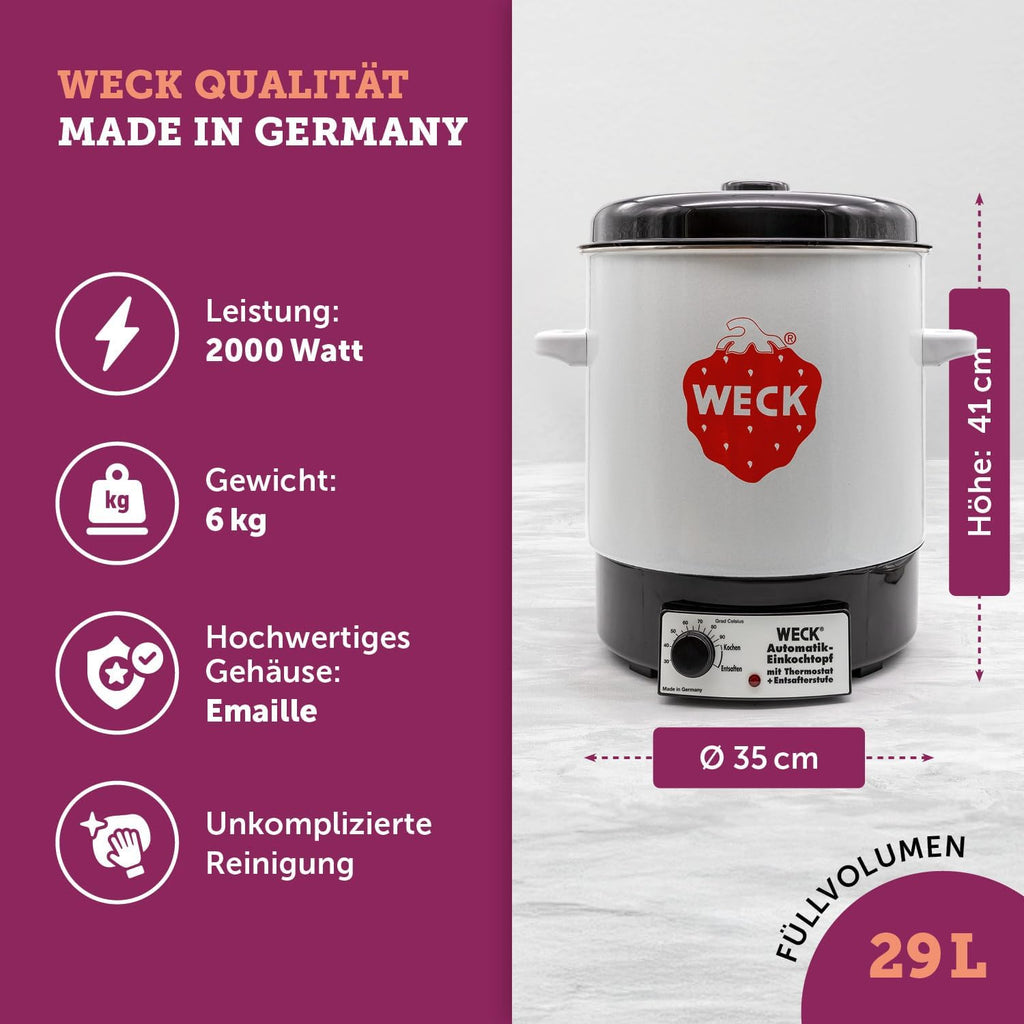 WECK Einkochautomat WAT14 (Serie Finale) esmaltado con termostato de precisión – Olla para conservas de 29 L, calentador de vino caliente, extractor de jugos al vapor, autoclave para conservas – Hecho en Alemania, alta calidad y versátil
