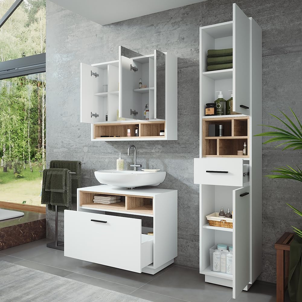 Conjunto de muebles de baño Vicco Beatrice, blanco/sonoma, 80 cm, compuesto por mueble bajo lavabo, armario con espejo y armario columna