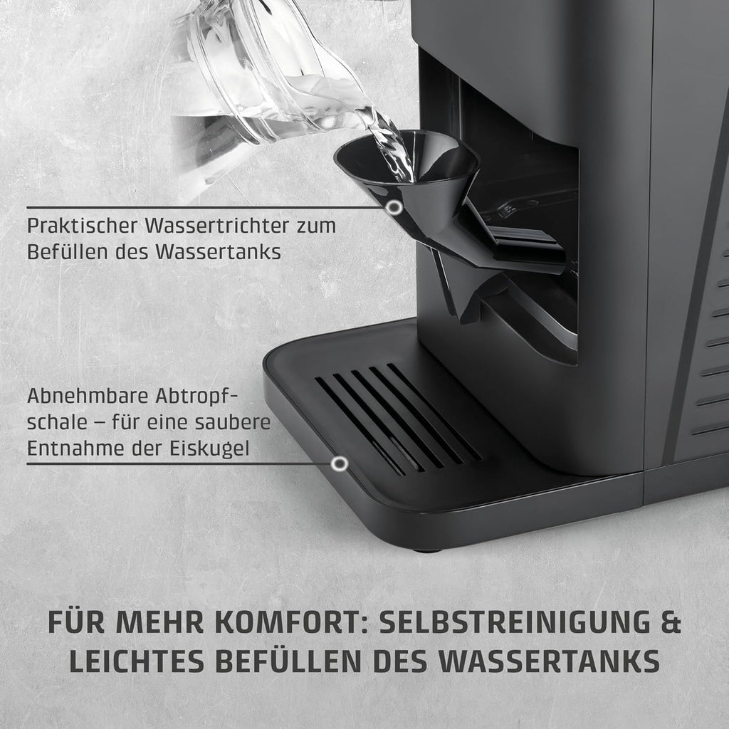 CASO IceBall Pro Máquina para hacer esferas de hielo con compresor - Esferas de hielo cristalinas de 50-55 mm, 2 esferas/hora, depósito de agua de 1,3 l, autolimpieza, pantalla LED, negro mate