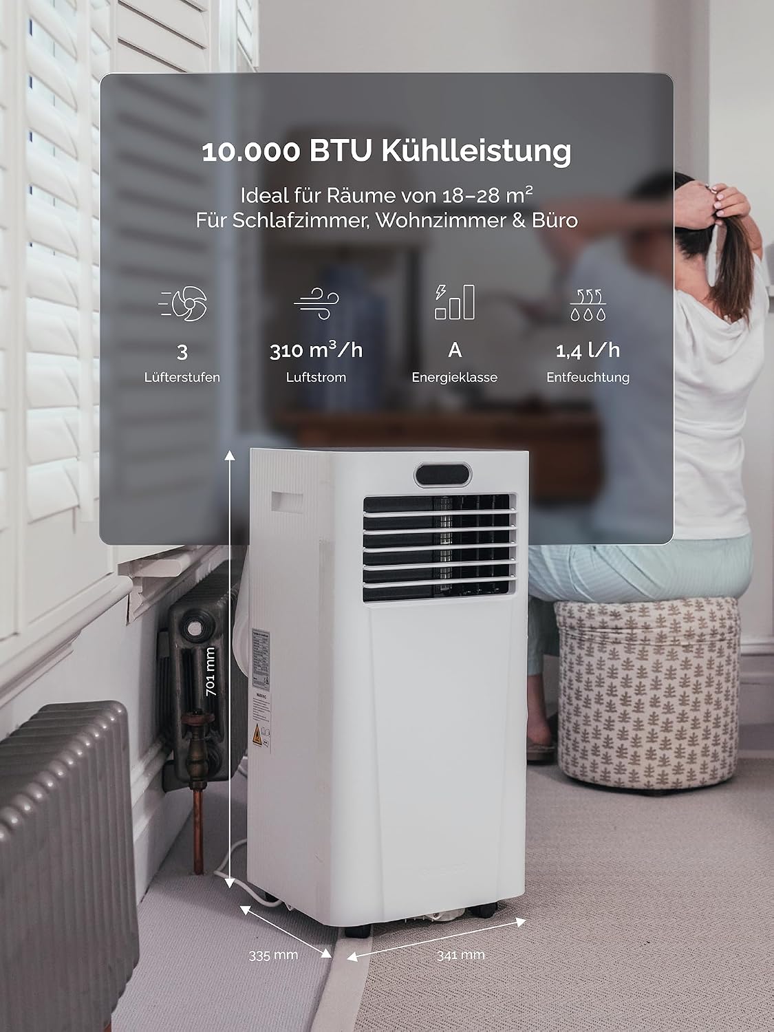Aire acondicionado portátil MeacoCool MC Series Pro 10000 BTU con control por aplicación, mando a distancia, clase energética A, silencioso (53 dB), refrigeración 4 en 1, 18–28 m², modo sueño, 2 kits de ventana