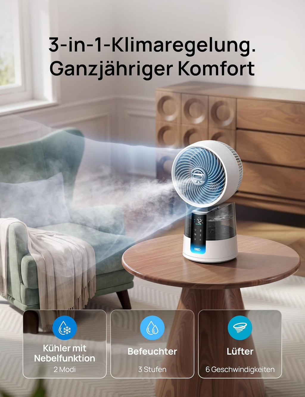 Ventilador nebulizador DREO TurboCool 516S, ventilador de mesa con oscilación de 150°+30°, enfriador evaporativo, 7.9 m/s, niebla ultrafina, 20 dB silencioso, 6 velocidades, 2 modos, control por app y mando a distancia, RGB, blanco