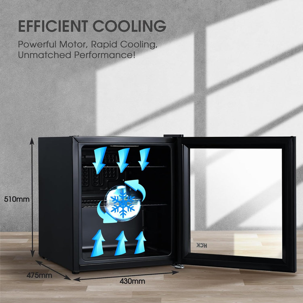 Mininevera silenciosa HCK de 48 L, pequeño refrigerador de 0-15 °C para dormitorio, puerta de cristal transparente, minibar para cocina, negro