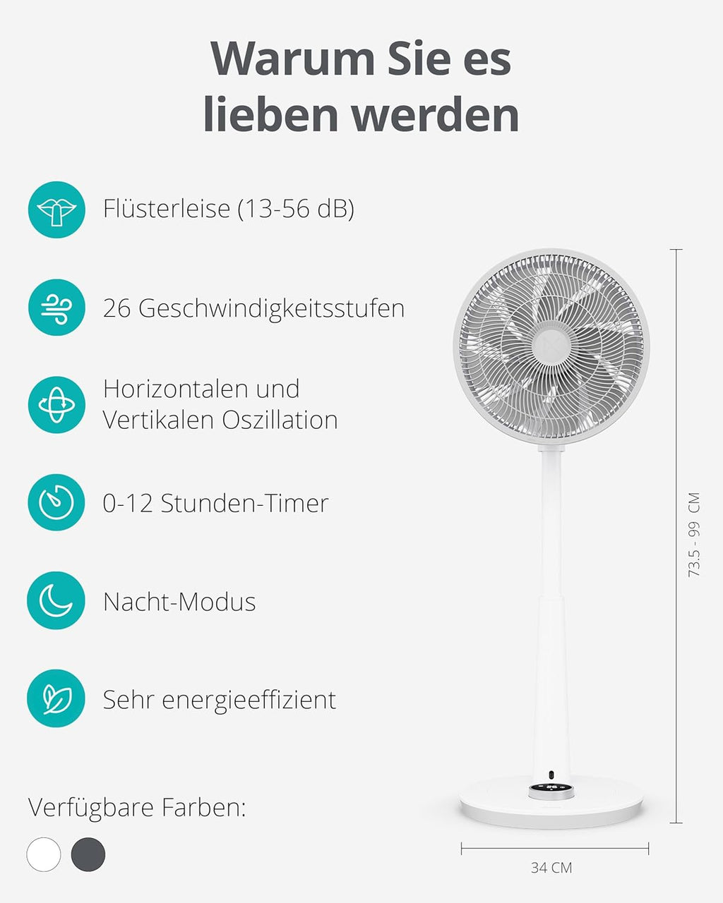 Ventilador de pie silencioso Duux Whisper 2 - Motor CC eficiente con 26 velocidades - Ventilador de altura regulable (73-95 cm) - Oscilación horizontal y vertical - Blanco