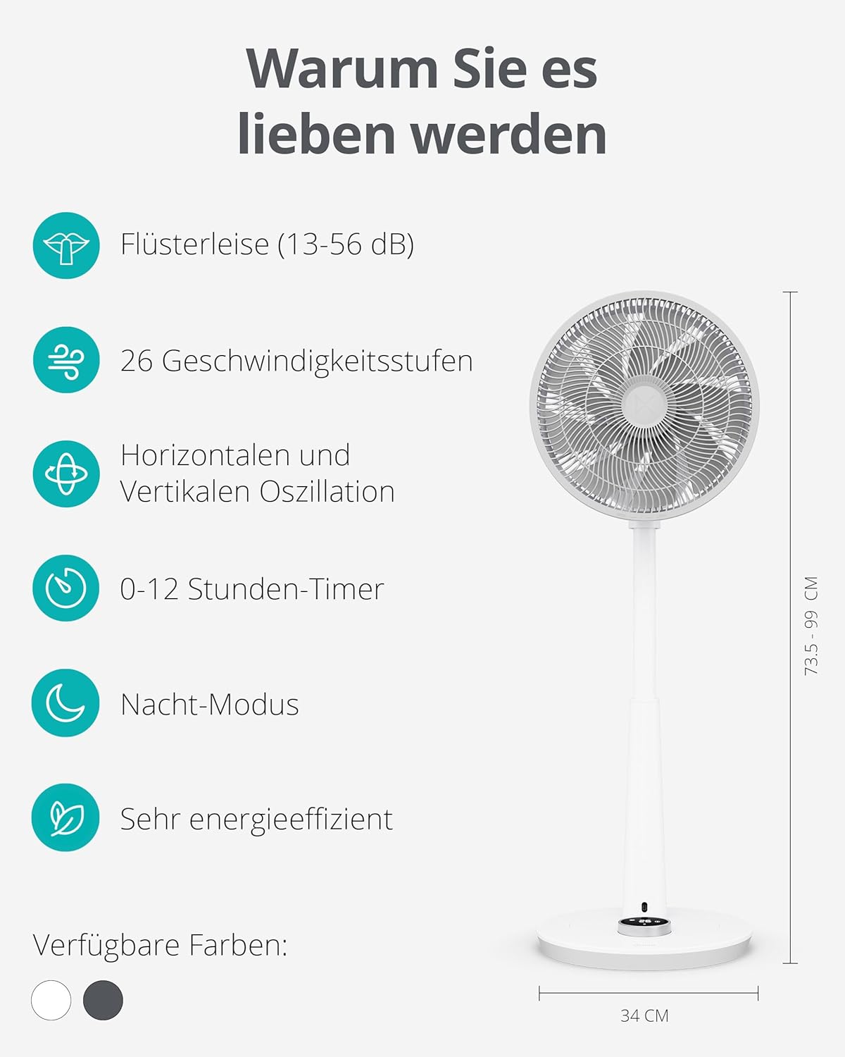 Ventilador de pie silencioso Duux Whisper 2 - Motor CC eficiente con 26 velocidades - Ventilador de altura regulable (73-95 cm) - Oscilación horizontal y vertical - Blanco