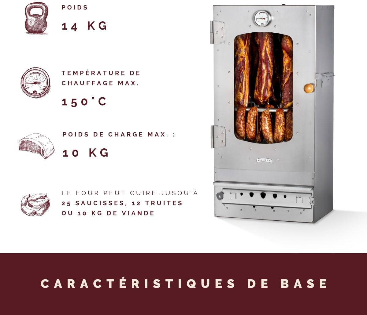 Ahumador KAISER COMPANY '50' de acero inoxidable de alta calidad, portátil de 80 cm, para ahumar hasta 10 kg de carne, calentado a leña