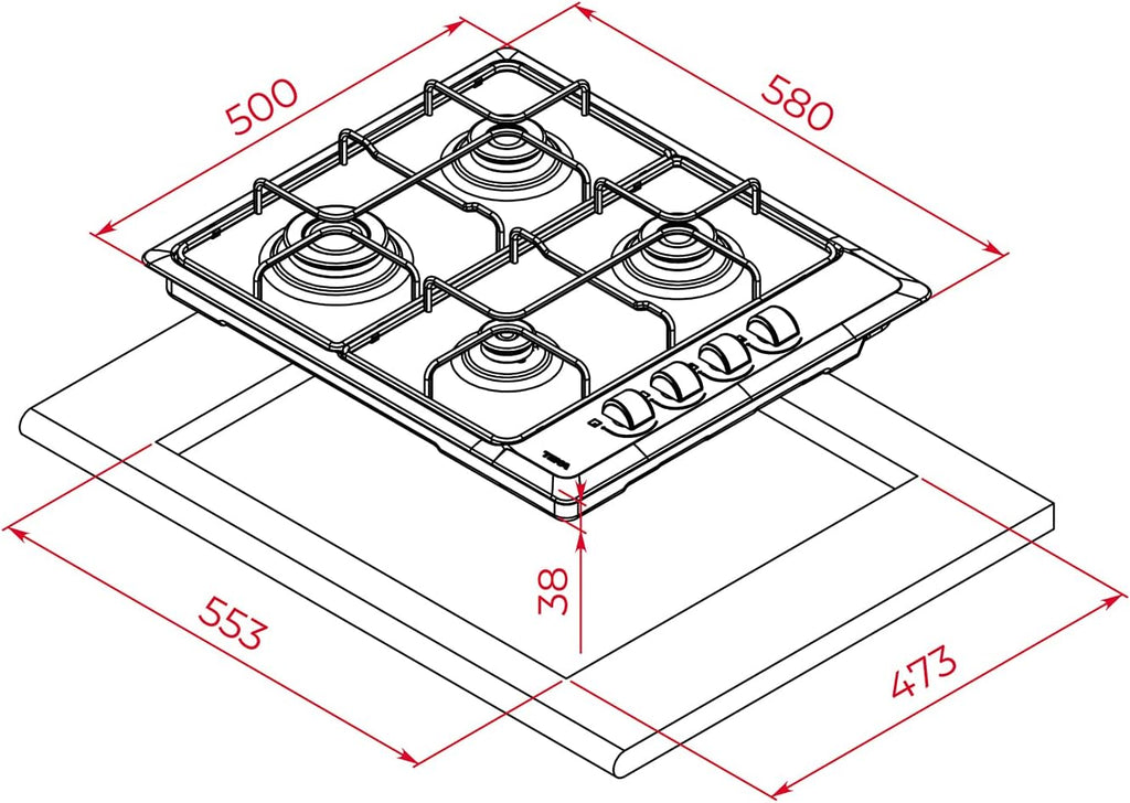 Placa de gas butano TEKA, 60 cm, 4 fuegos, mandos ergonómicos, seguridad por termopar, parrillas esmaltadas, HLX 640 KL