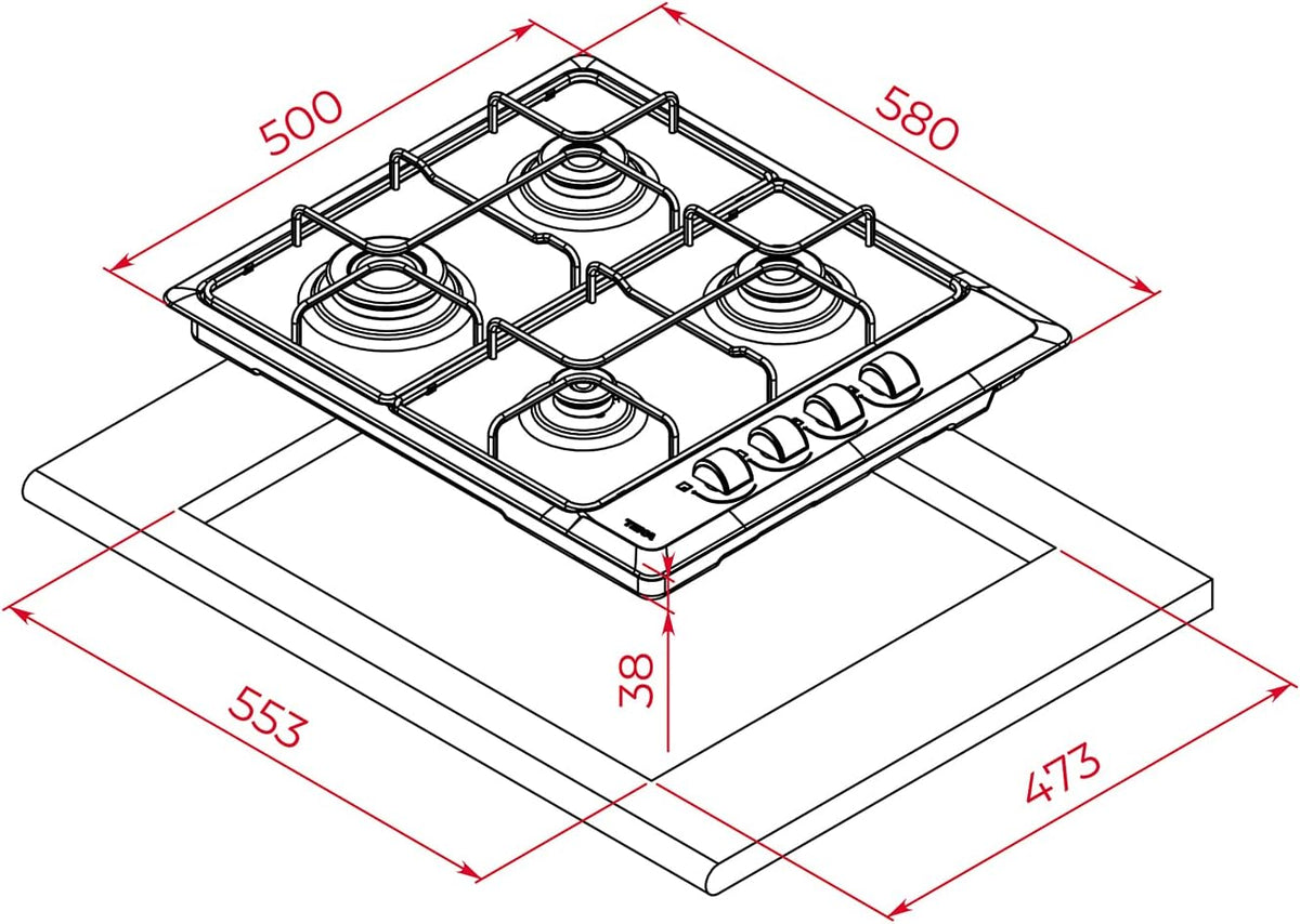 Placa de gas butano TEKA, 60 cm, 4 fuegos, mandos ergonómicos, seguridad por termopar, parrillas esmaltadas, HLX 640 KL