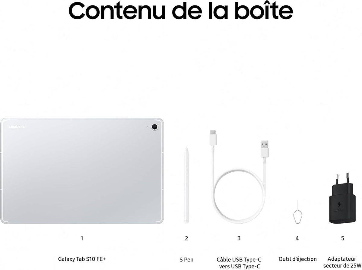 Samsung Galaxy Tab S10 FE+, Tablette Android WIFI 13,1" 128 Go, S Pen inclus, Certification IP68, Plata, Chargeur secteur rapide 25W inclus, Version FR