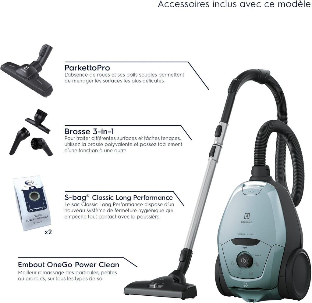 Electrolux Pure D8, Aspiradora de trineo con bolsa, ultra silenciosa, 57 dB, potencia automática inteligente, mango ergonómico, ligera, 55 % de materiales reciclados, PD82-4MB, azul cielo