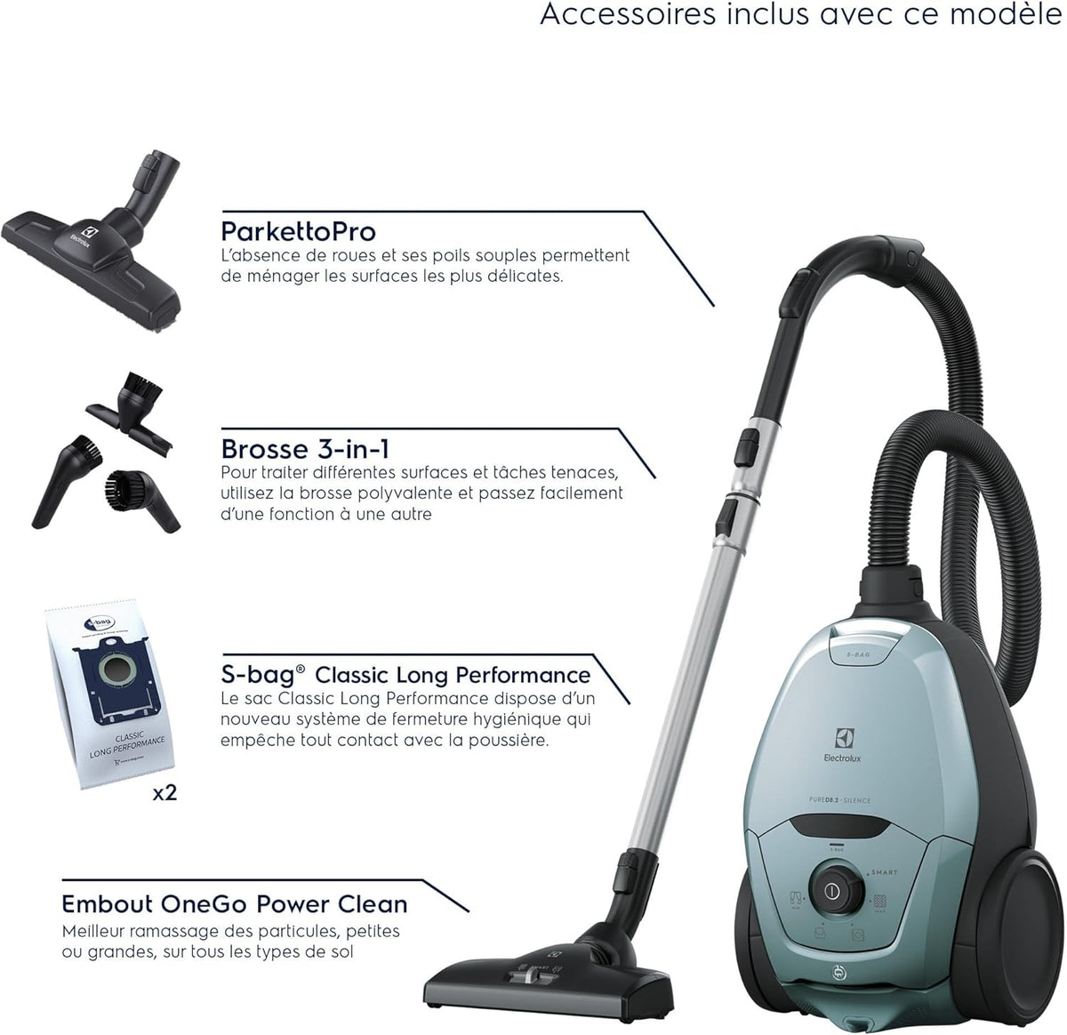 Electrolux Pure D8, Aspiradora de trineo con bolsa, ultra silenciosa, 57 dB, potencia automática inteligente, mango ergonómico, ligera, 55 % de materiales reciclados, PD82-4MB, azul cielo