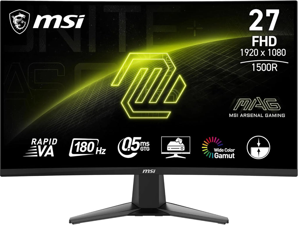 Monitor gaming curvo MSI MAG 27C6F de 27" FHD - Panel Rapid VA 1920 x 1080 1500R, 180 Hz / 0,5 ms (GtG, Mín.), Adaptive-Sync - DP 1.2a, HDMI CEC