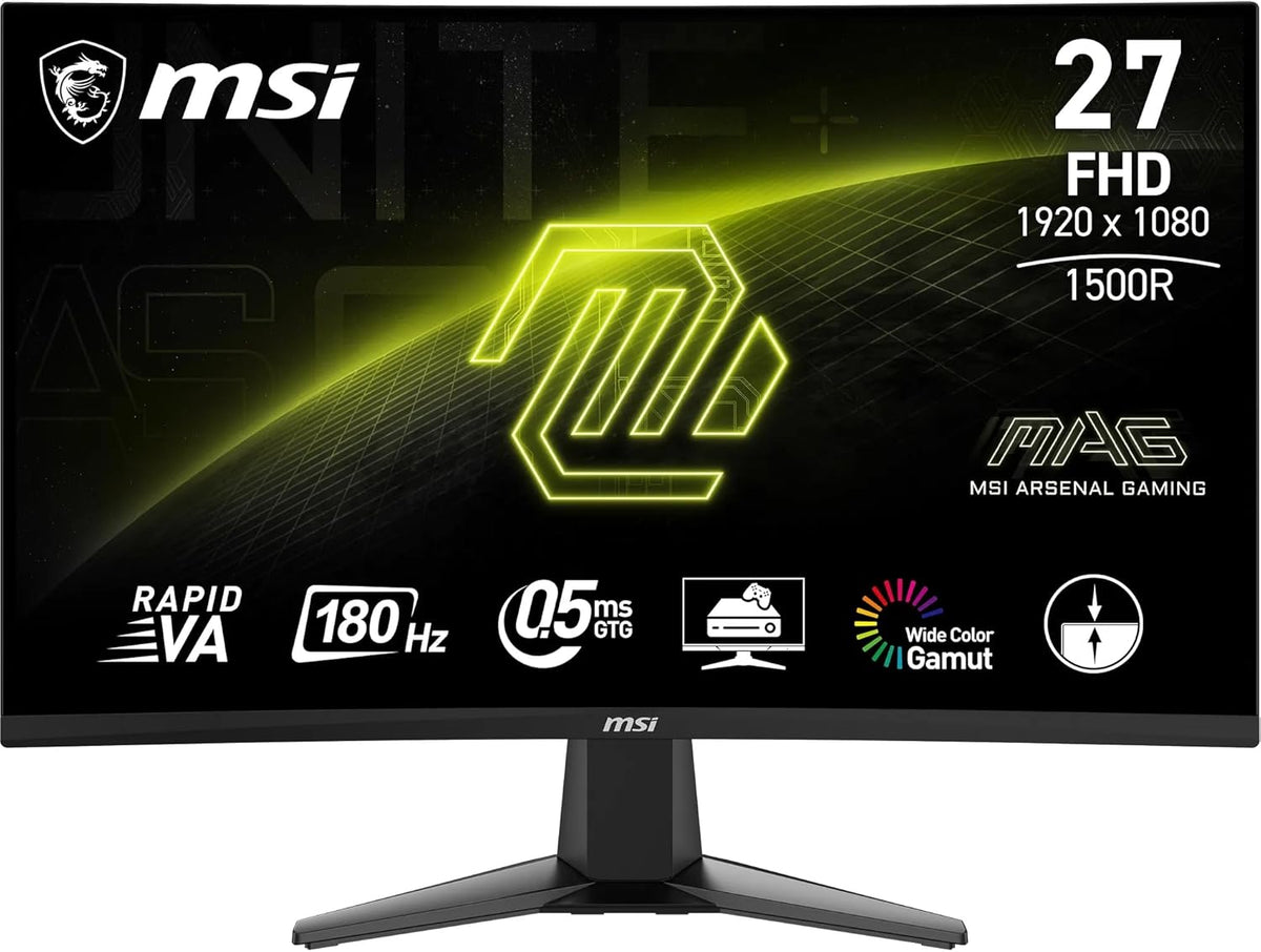 Monitor gaming curvo MSI MAG 27C6F de 27" FHD - Panel Rapid VA 1920 x 1080 1500R, 180 Hz / 0,5 ms (GtG, Mín.), Adaptive-Sync - DP 1.2a, HDMI CEC