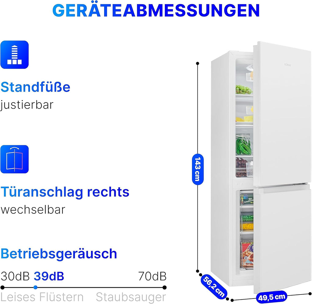 Refrigerador con congelador Bomann® de 143 cm de altura | Frigorífico combi de 175 L con 3 estantes y 3 cajones | Sentido de apertura de puerta reversible | Frigorífico combi silencioso de 39 dB | Frigorífico KG 322.1 aspecto inox
