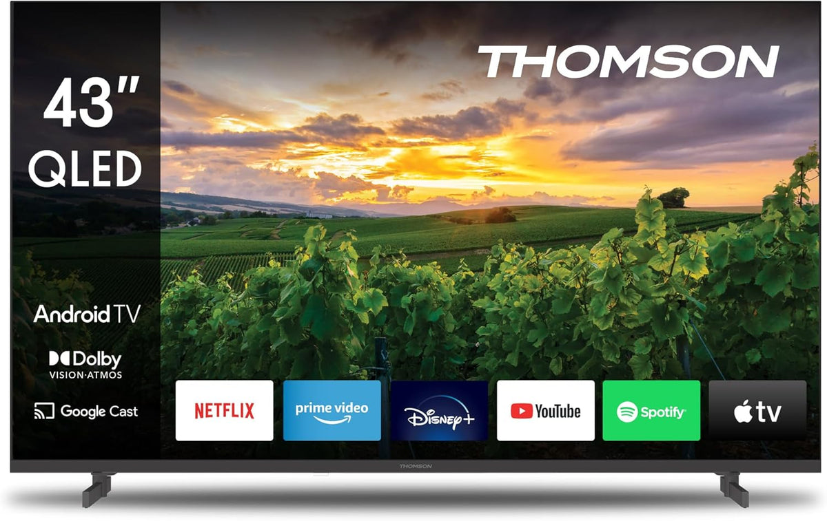 THOMSON Smart TV Android QLED de 43 pulgadas (109 cm), Google Assistant, Wi-Fi, Dolby Digital, Bluetooth, triple sintonizador (cable/satélite/antena), HDMI, CI+, panel A+ – 43QA2S13