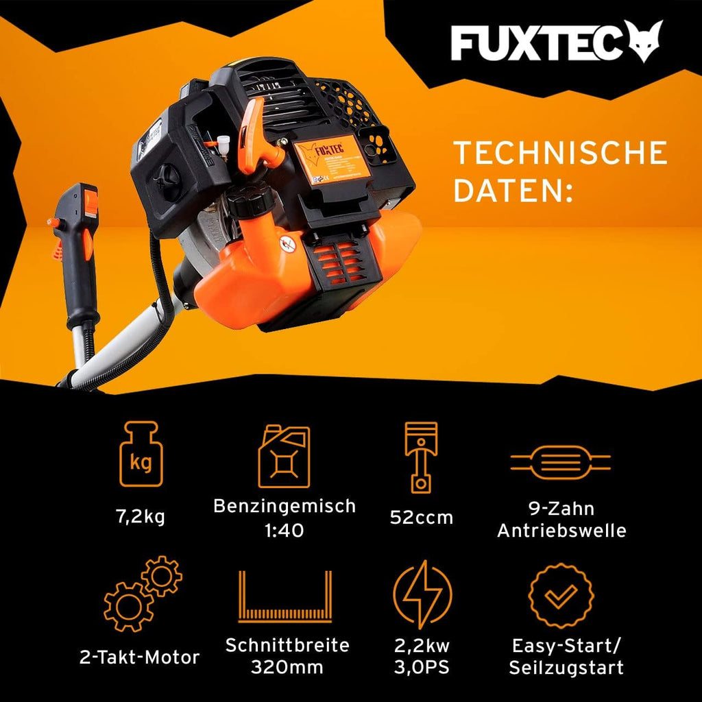 Desbrozadora de gasolina FUXTEC FX-MS152 con 52 cc, herramienta multifunción 2 en 1, arnés profesional y 3 CV de potencia, cortabordes, cortacésped, desbrozadora, hilo de 2 tiempos, calificada en la clase superior con una nota de 1,4, arranque fácil