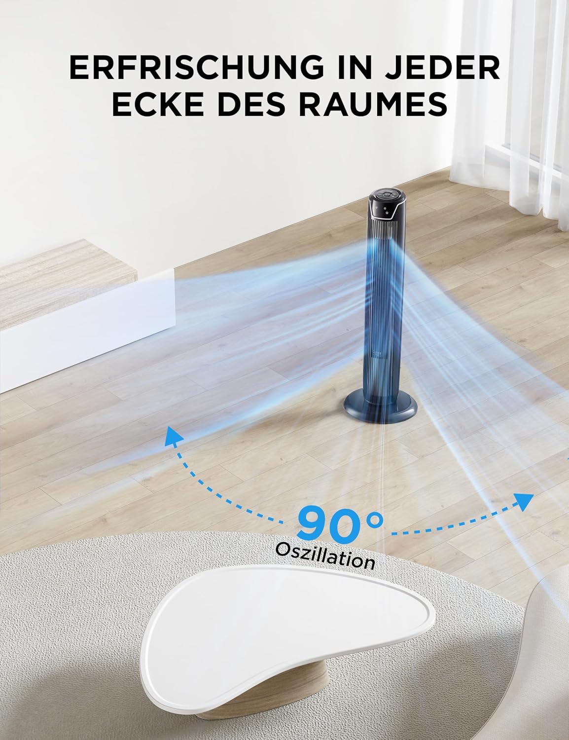 Ventilador de torre Midea FZ10-17JR silencioso con mando a distancia 92 cm, ventilador móvil, ventilador de columna, temporizador de 7 horas, 3 modos, 3 velocidades, ventilador de pie 45 W, negro